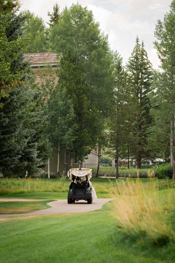 wedding golf cart at teton pines