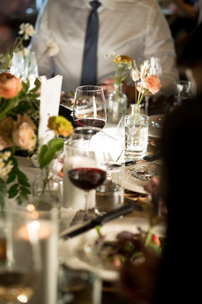 wine glasses at wedding dinner