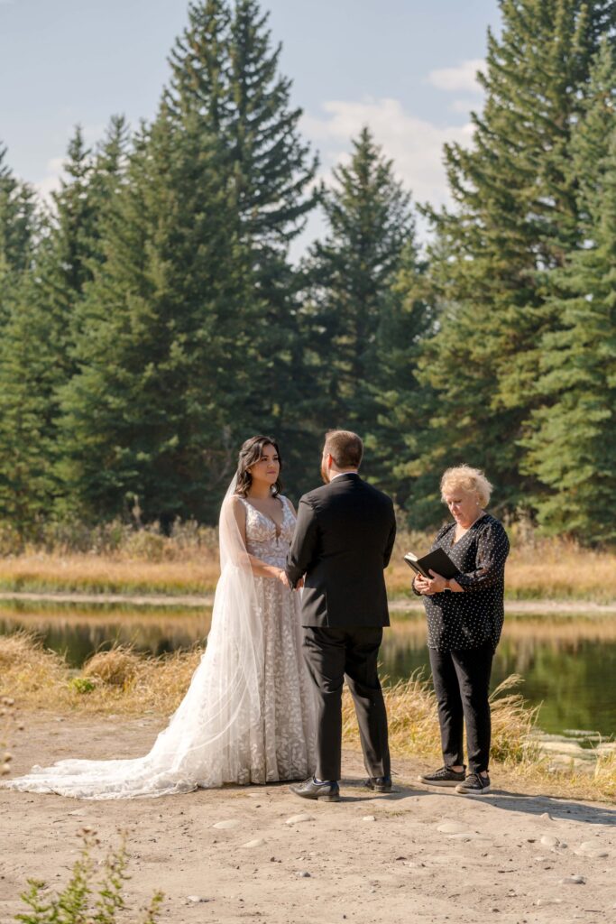 bride and groom getting married at swabacher's landing, Grand Teton National Park