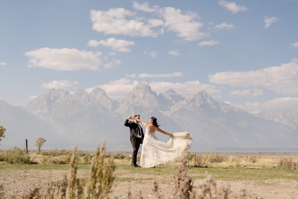 Bride and Groom at Mormon row, Grand Teton National Park