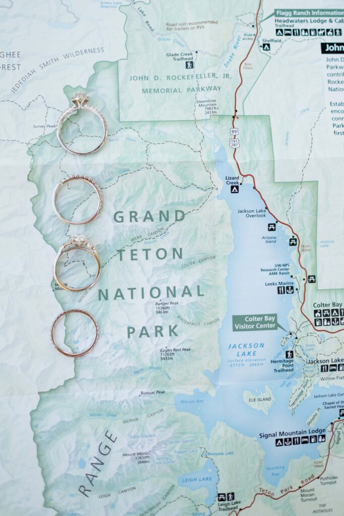 wedding rings with grand teton national park map