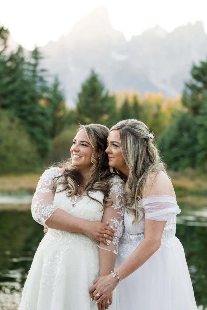 brides snuggle together