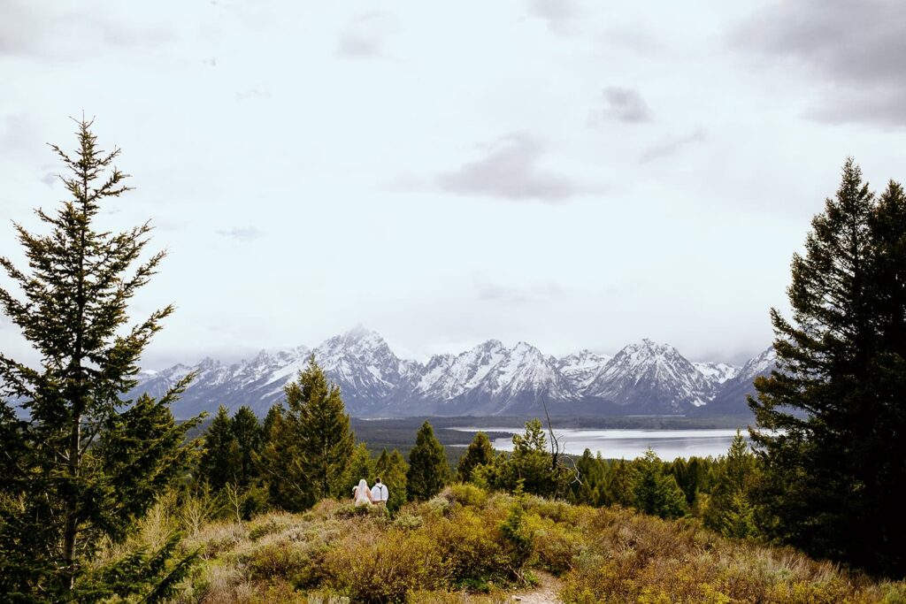 two brides enjoy the scenic view of signal mountain in grand teton national park